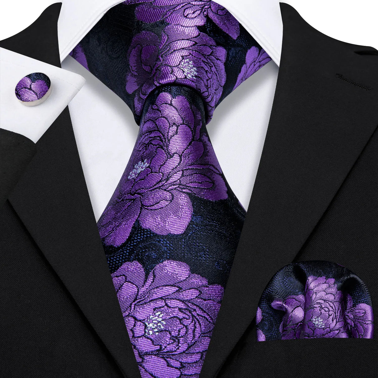 black purple floral pattern tie set
