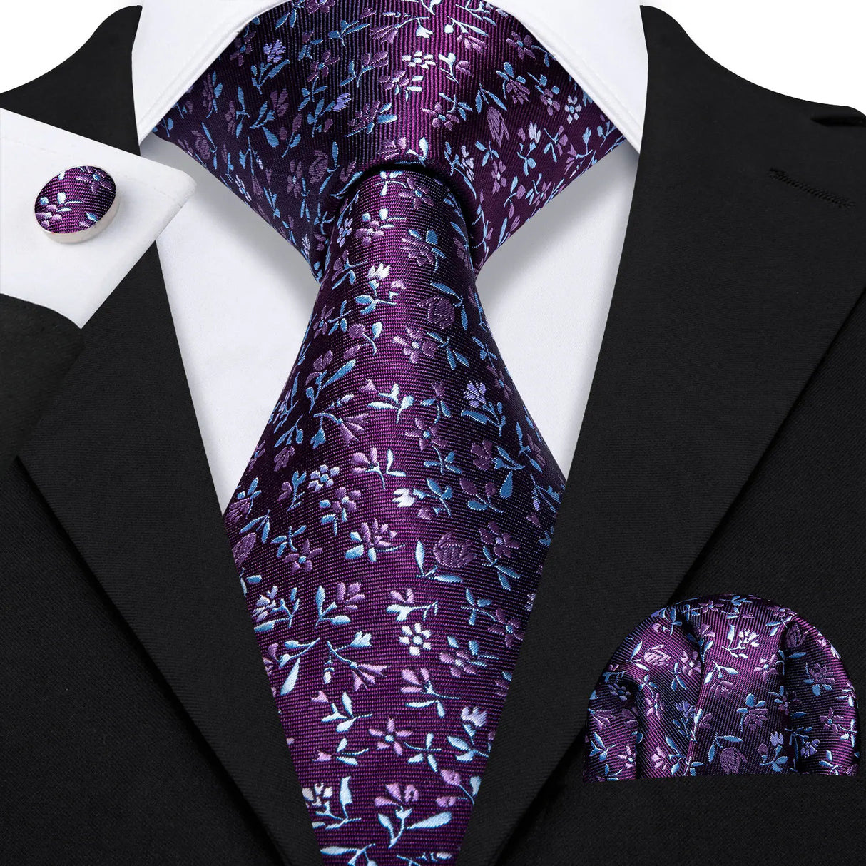 purple floral pattern tie set