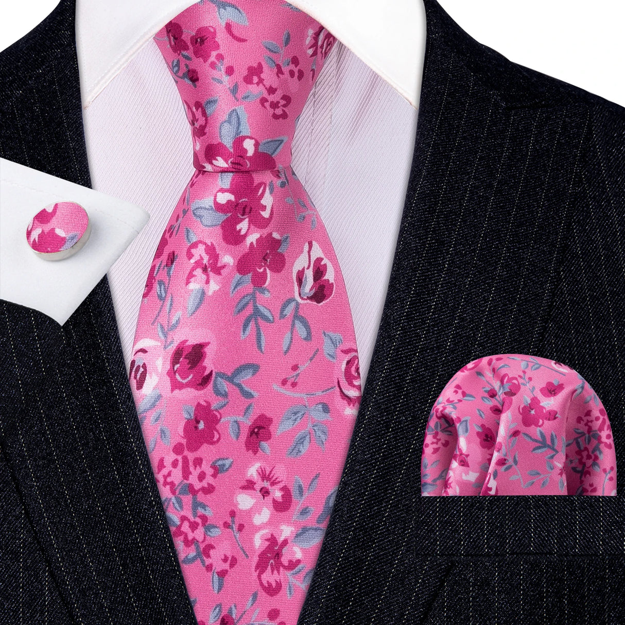 pink red floral pattern tie set