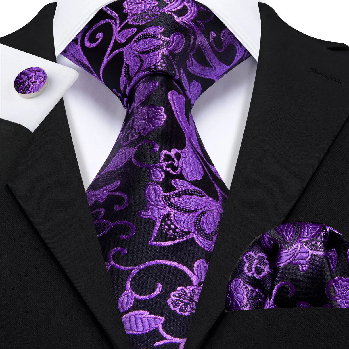 black purple floral pattern tie set