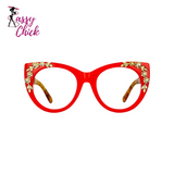 red flower design glasses, sassy chick logo