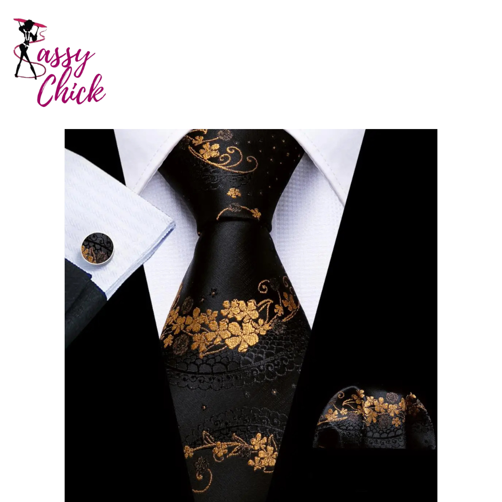 Flower Silk Men Tie Handkerchief Cufflink Sassy Chick Logo