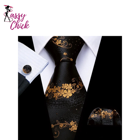 Flower Silk Men Tie Handkerchief Cufflink Sassy Chick Logo