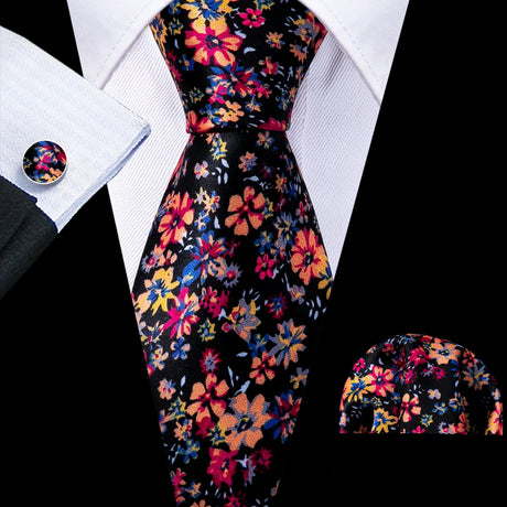 Flower Silk Men Tie Handkerchief Cufflink