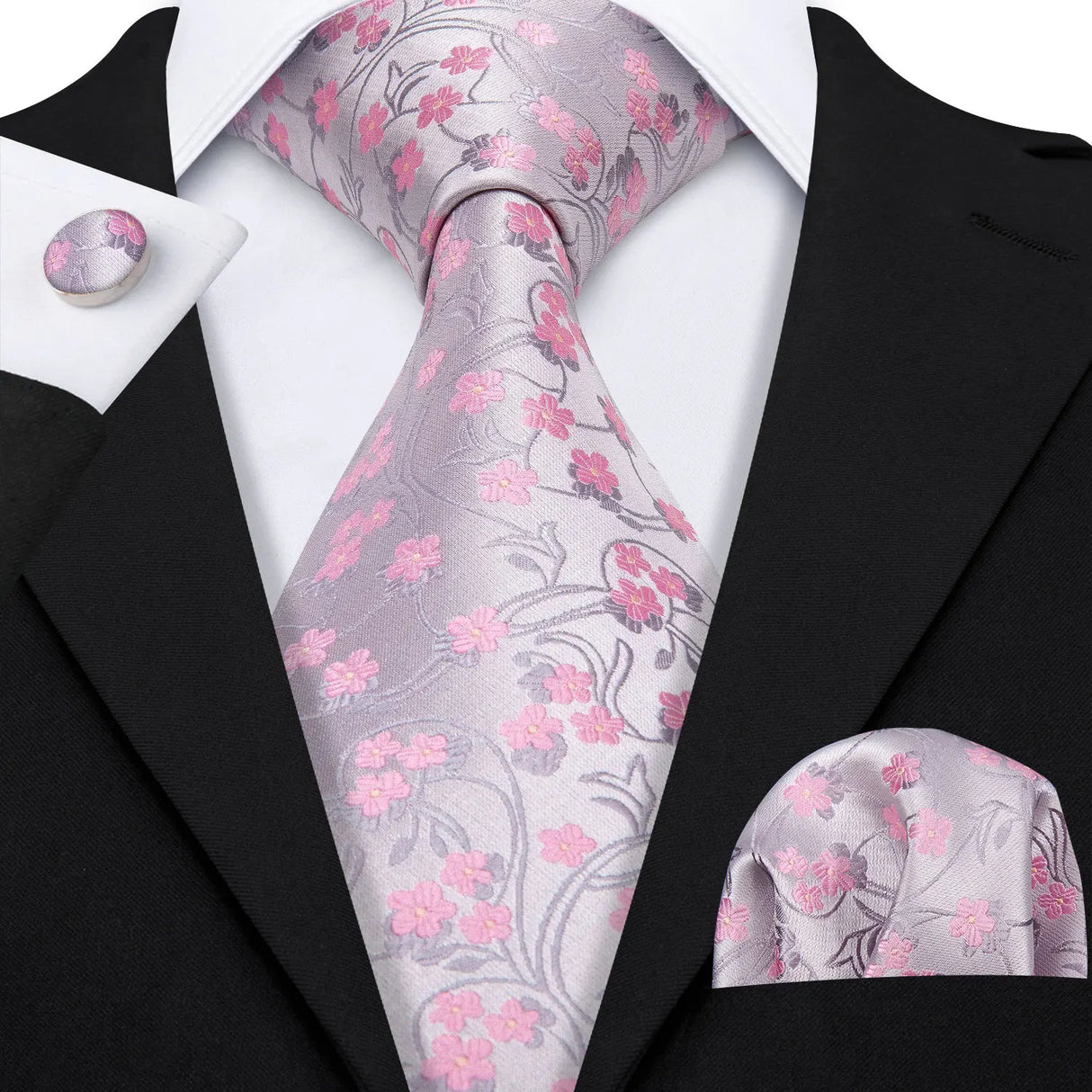 Gray Flower Silk Men Tie Handkerchief Cufflink