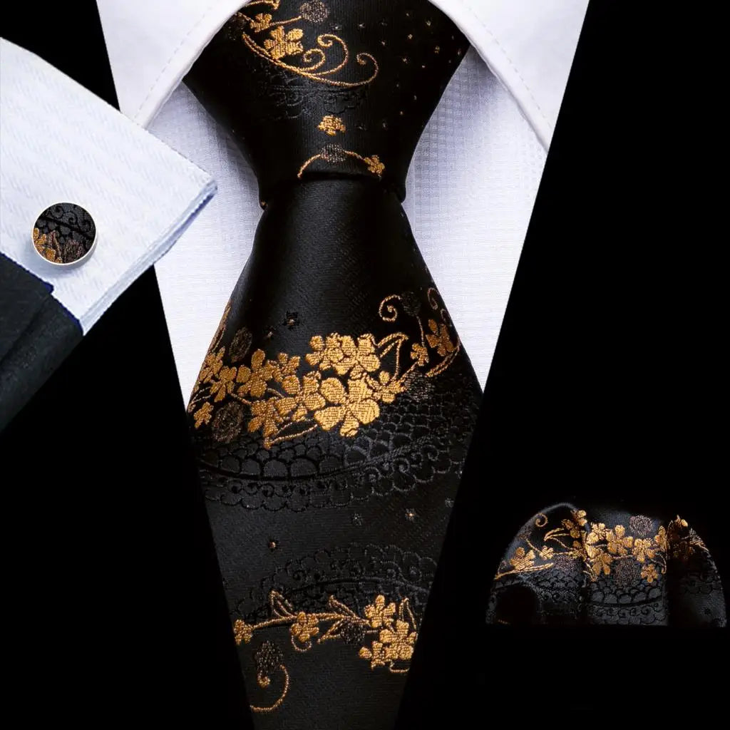 Black Flower Silk Men Tie Handkerchief Cufflink