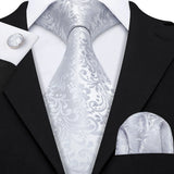 Gray Flower Silk Men Tie Handkerchief Cufflink