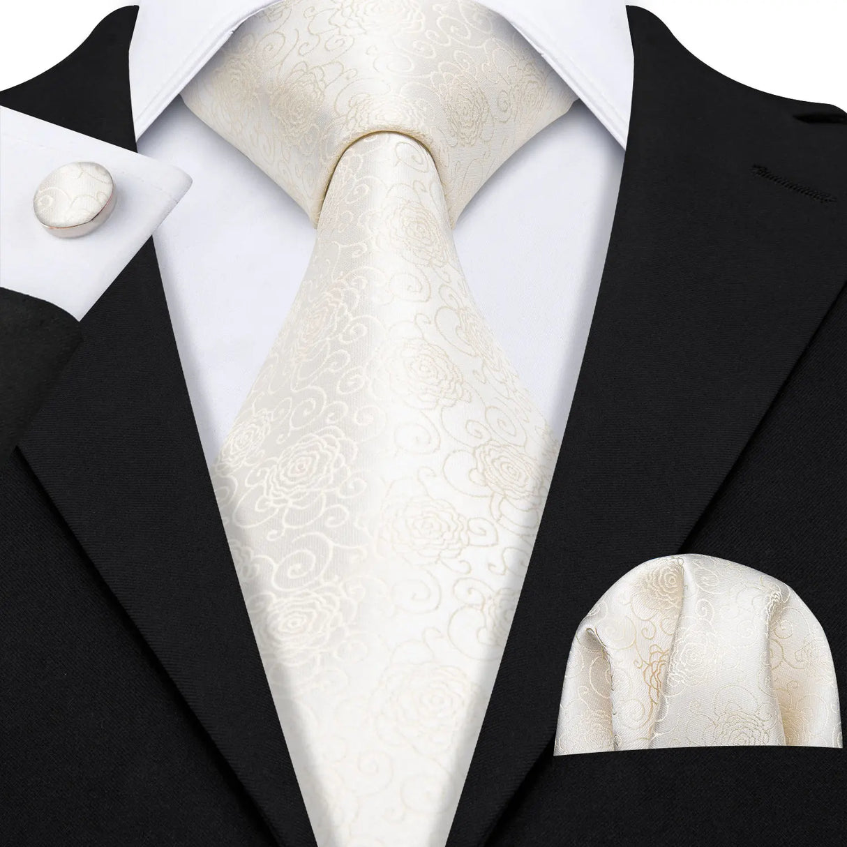 White Flower Silk Men Tie Handkerchief Cufflink