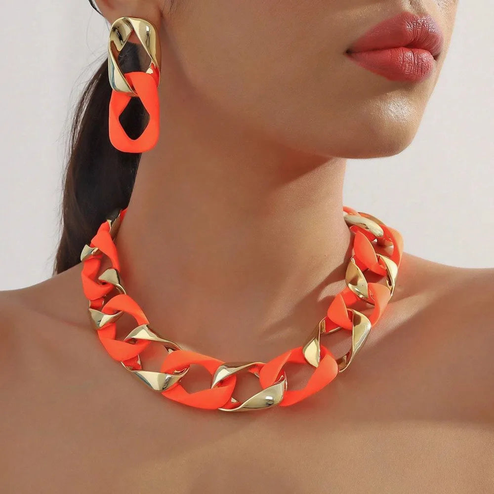 Orange Fluorescent Color Acrylic Spliced Chocker Jewelry Set