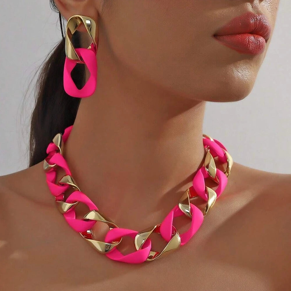 Pink Fluorescent Color Acrylic Spliced Chocker Jewelry Set