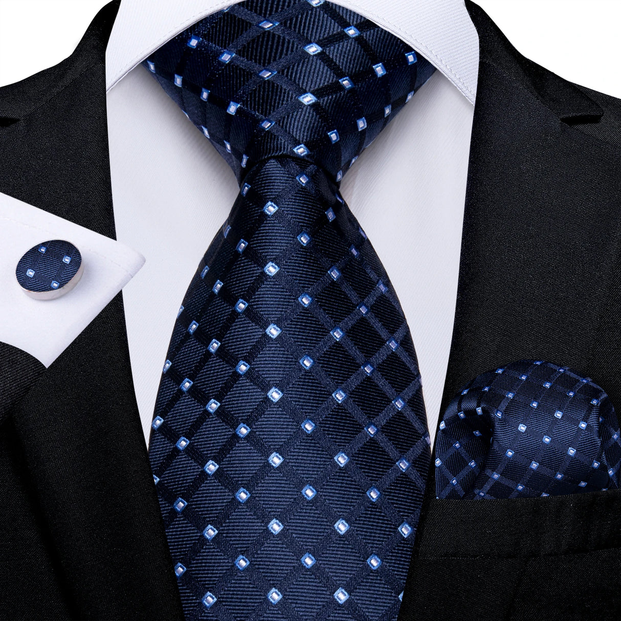 blue white dot square pattern necktie set