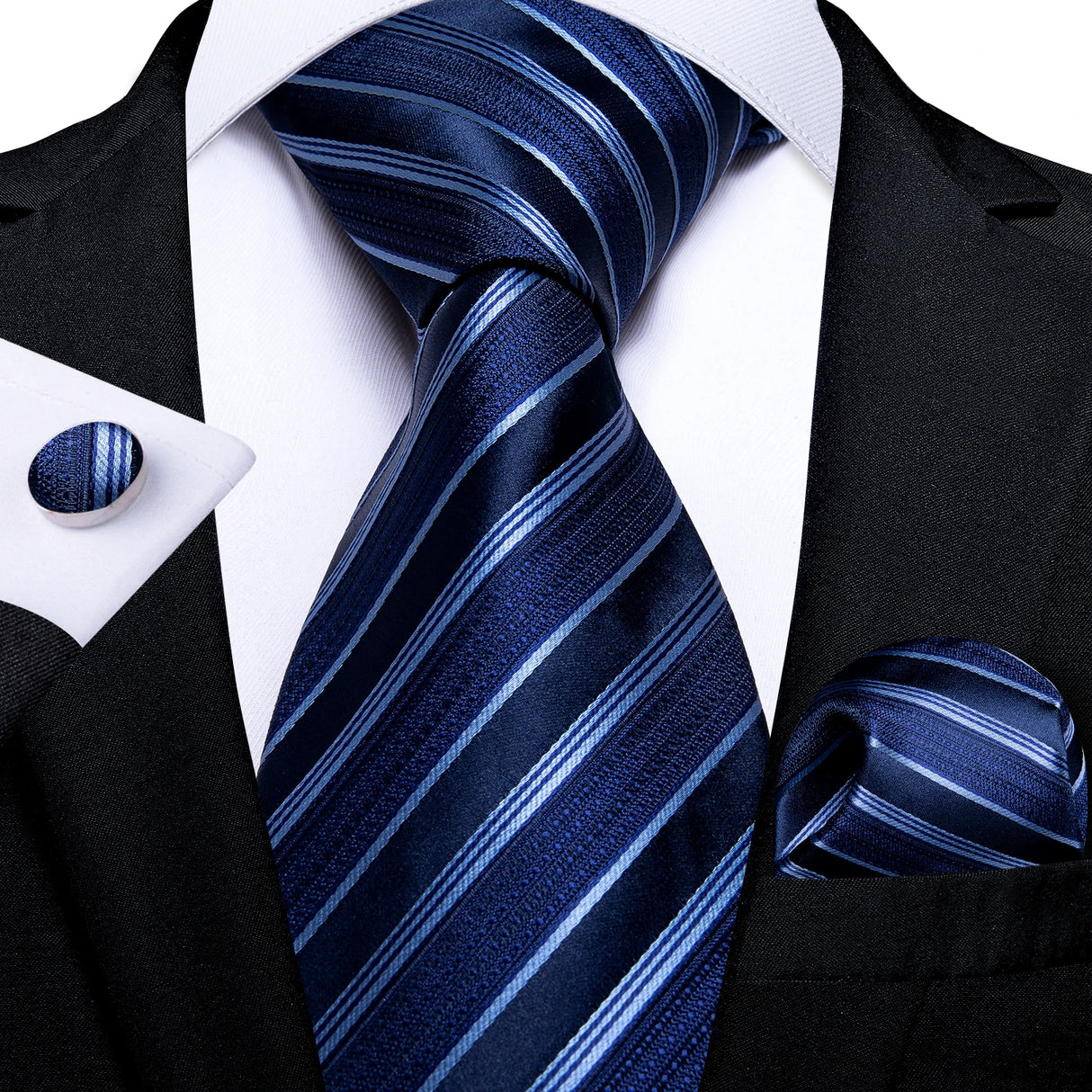 blue black white line pattern necktie set