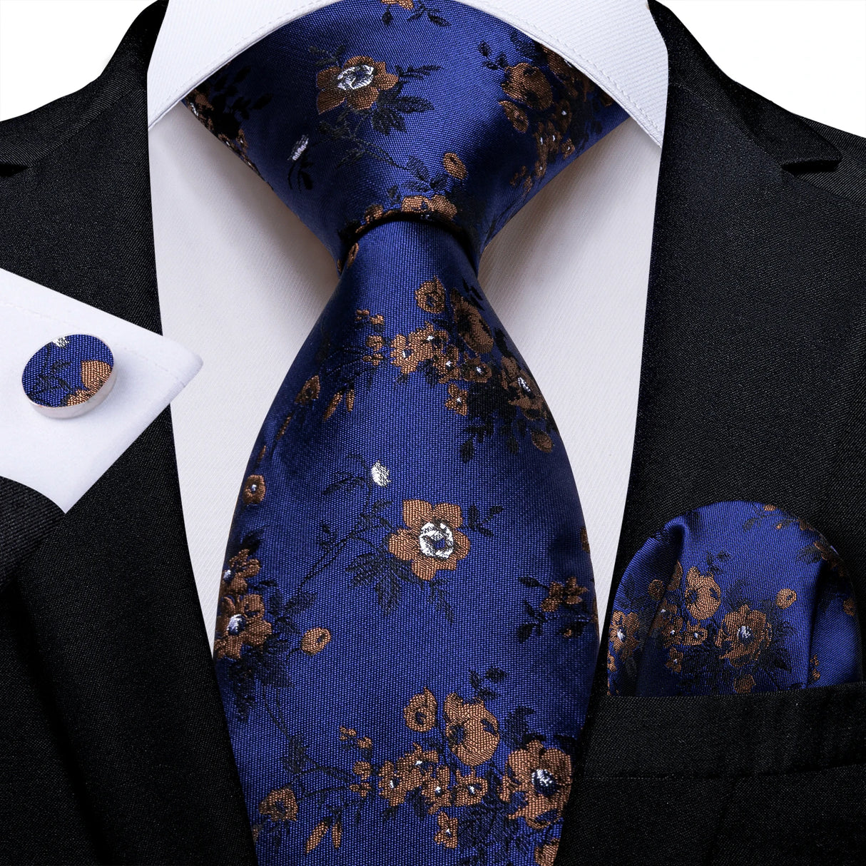 blue brown flower pattern necktie set