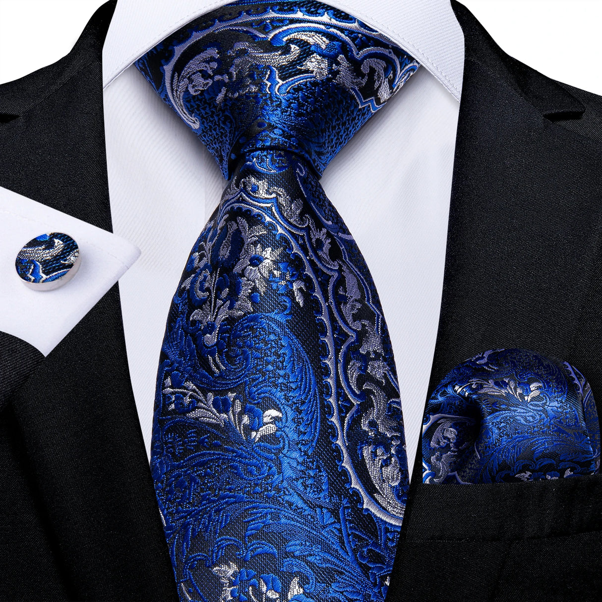 silver black blue floral pattern necktie set