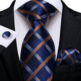 brown blue white square pattern necktie set