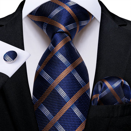 brown blue white square pattern necktie set