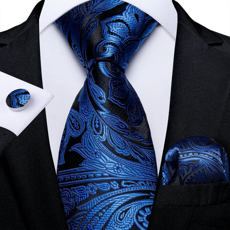 black blue floral pattern necktie set