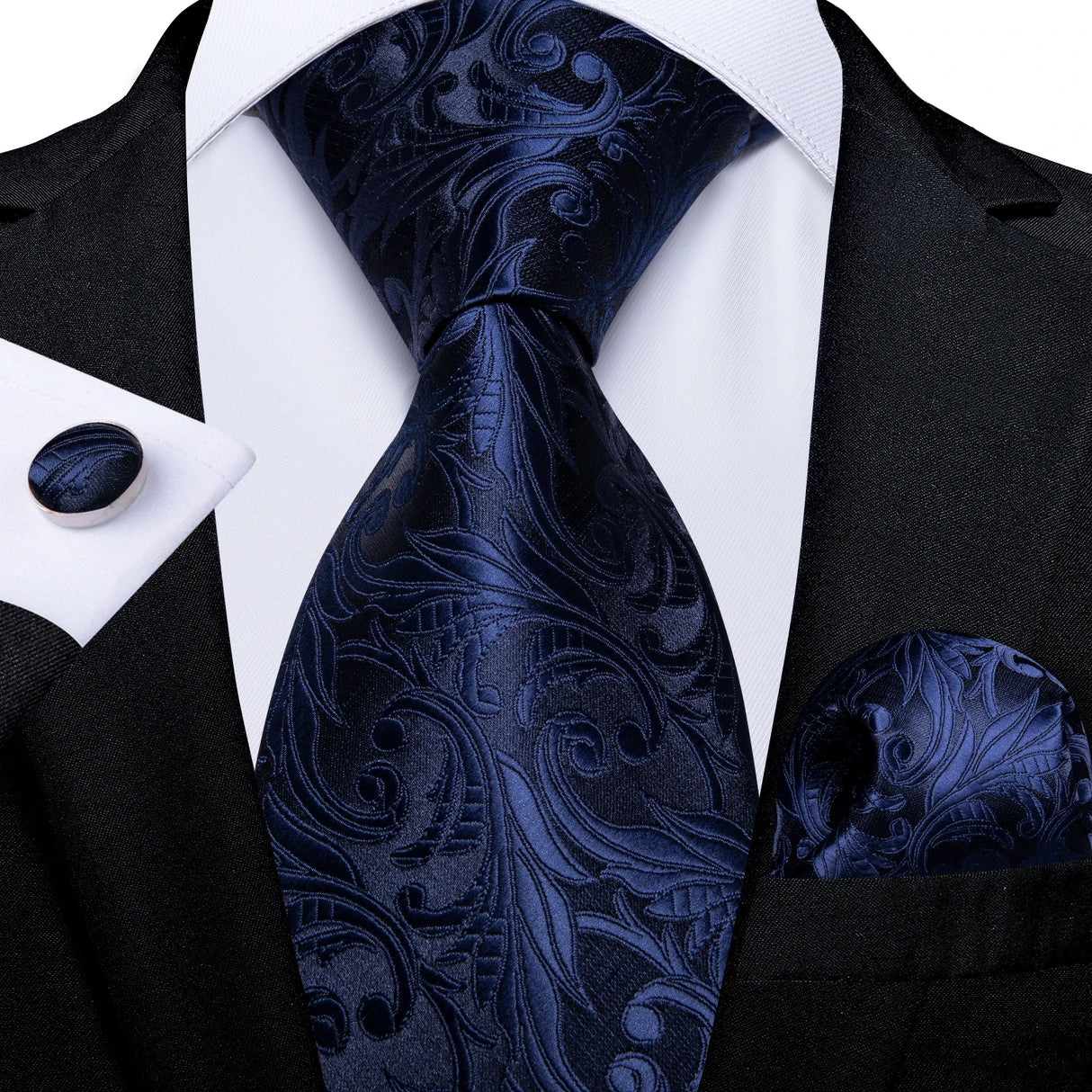 dark blue black floral pattern necktie set