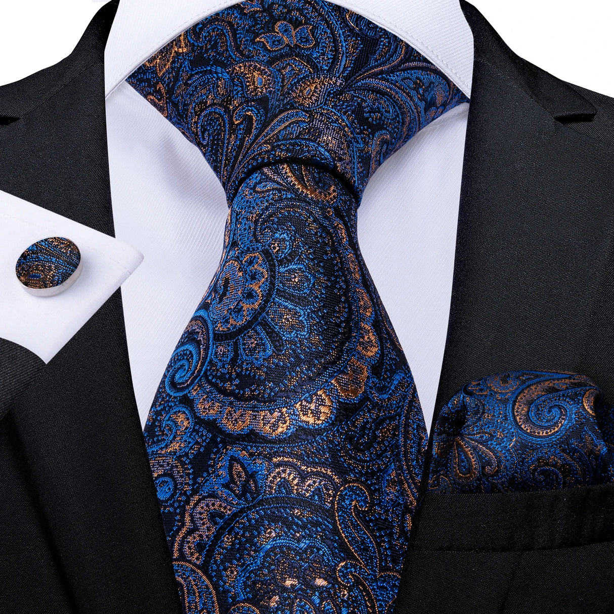 blue black orange floral pattern necktie set