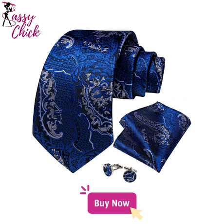 blue silver floral pattern necktie set sassy chick logo