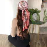 Model Using Foulard Print 90*90cm Square Silk Scarves Hijab Shawls
