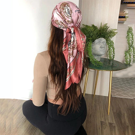 Model Using Foulard Print 90*90cm Square Silk Scarves Hijab Shawls