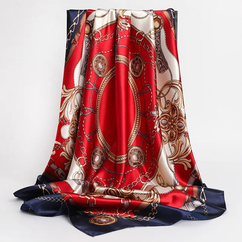 Red Foulard Print 90*90cm Square Silk Scarves Hijab Shawls