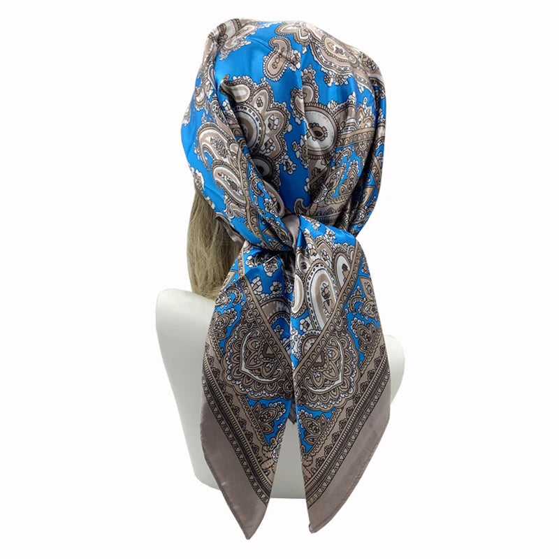 Blue Gray Foulard Print 90*90cm Square Silk Scarves Hijab Shawls
