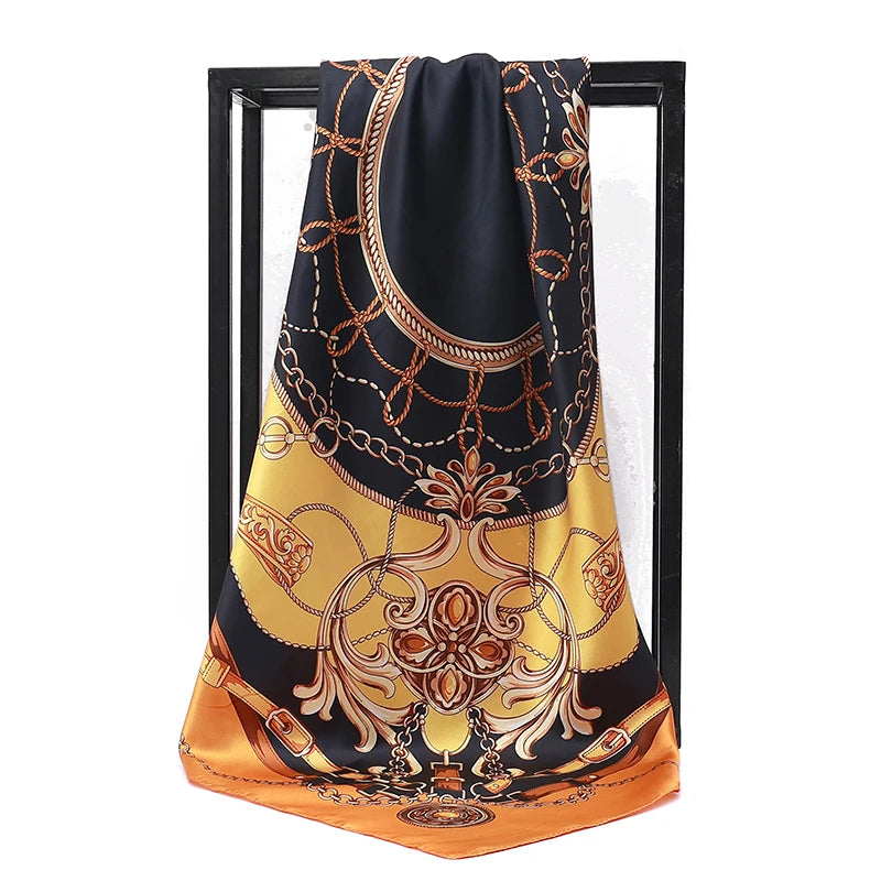 Gold Black Foulard Print 90*90cm Square Silk Scarves Hijab Shawls