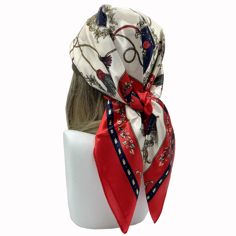 Red White Foulard Print 90*90cm Square Silk Scarves Hijab Shawls