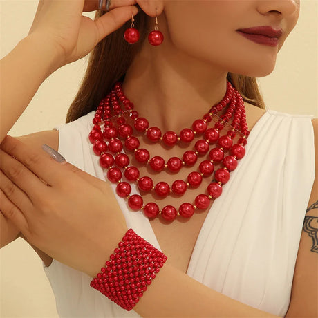 Model using Red Four Layer Round Beaded Imitation Pearl Jewelry Sets 