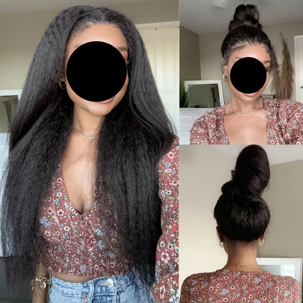 Model Using Frontal Kinky Straight Strap 360 Full Lace Human Hair Wig