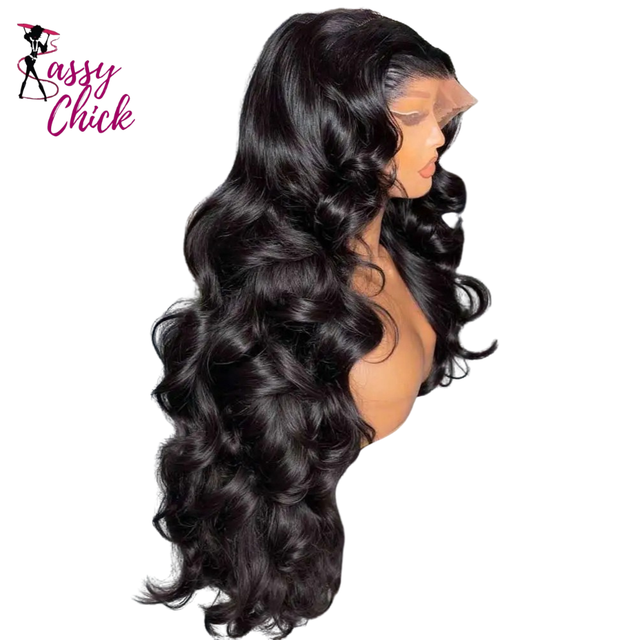 Frontal Women Glue less Raw Body Wave Human Hair Wigs Sassy Chick Logo