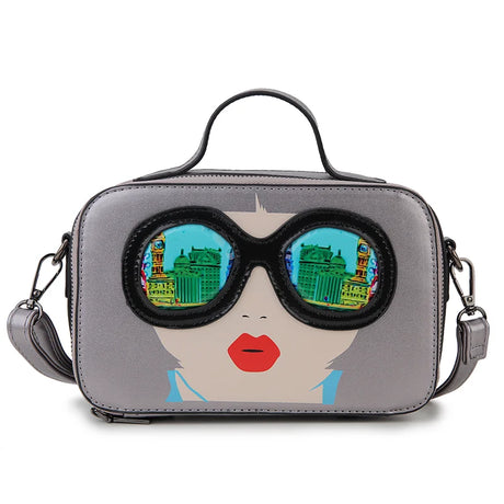 Grey Funky Lady Face Box Shape Shoulder Bags