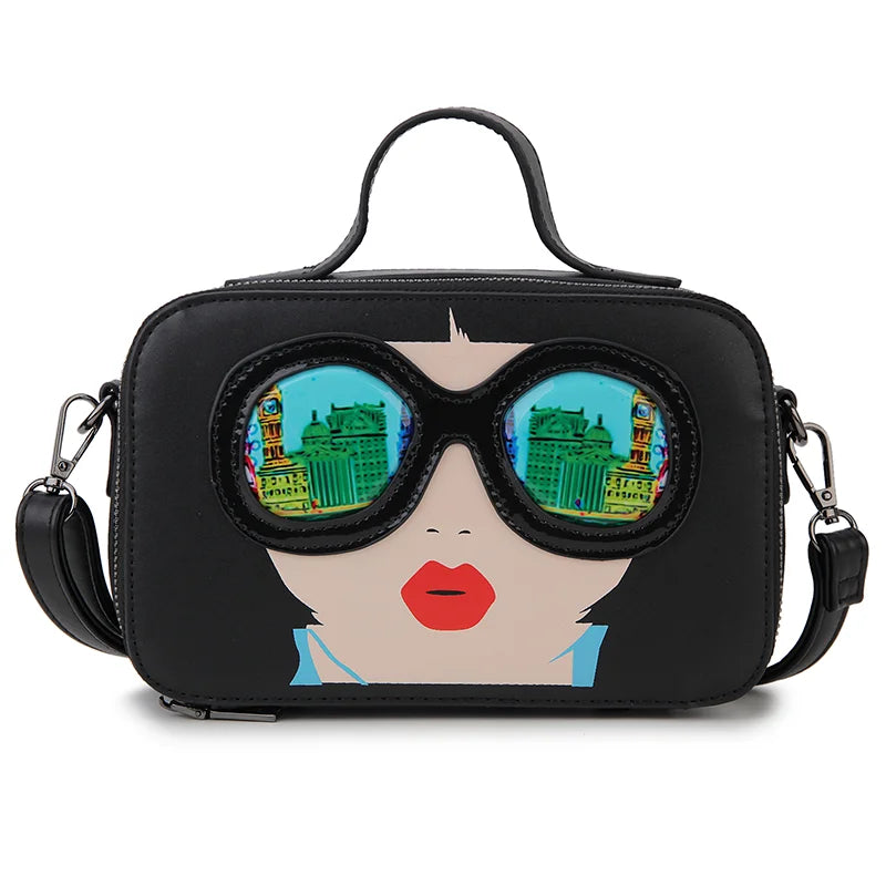 Black Funky Lady Face Box Shape Shoulder Bags