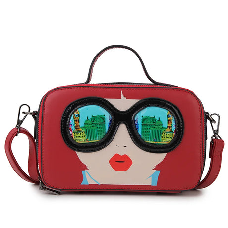 Red Funky Lady Face Box Shape Shoulder Bags