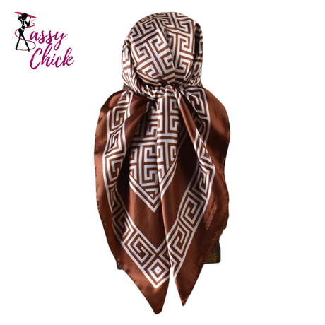 Geometric Letter Print Silk Satin Square Scarf Sassy Chick Logo