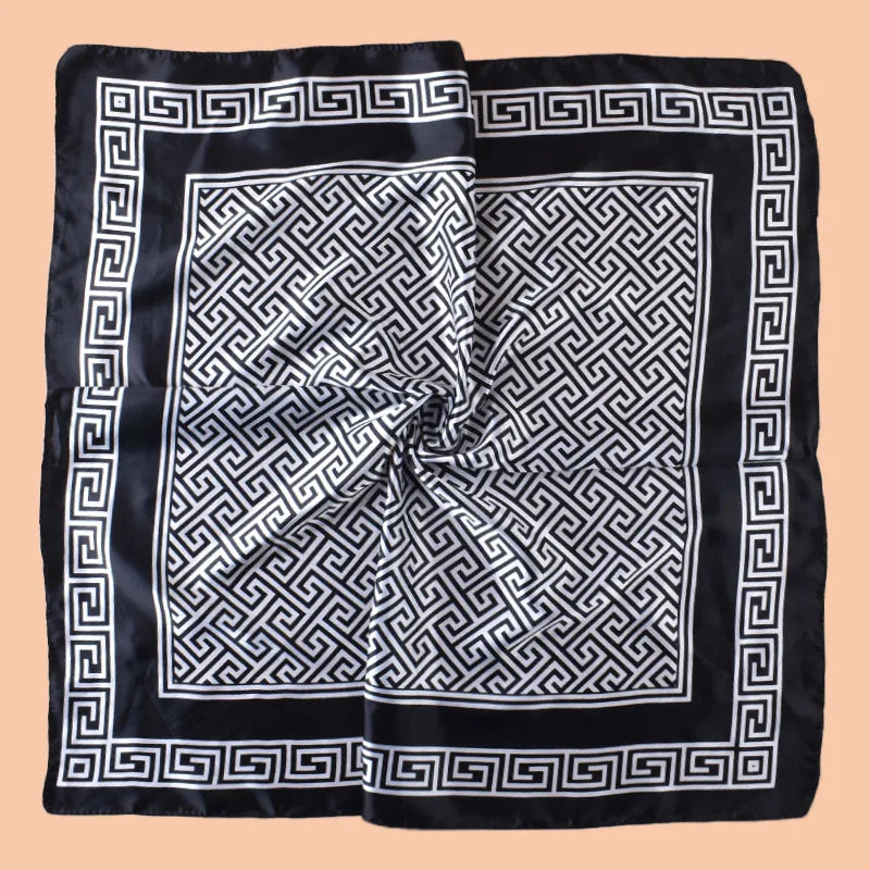 Black Geometric Letter Print Silk Satin Square Scarf
