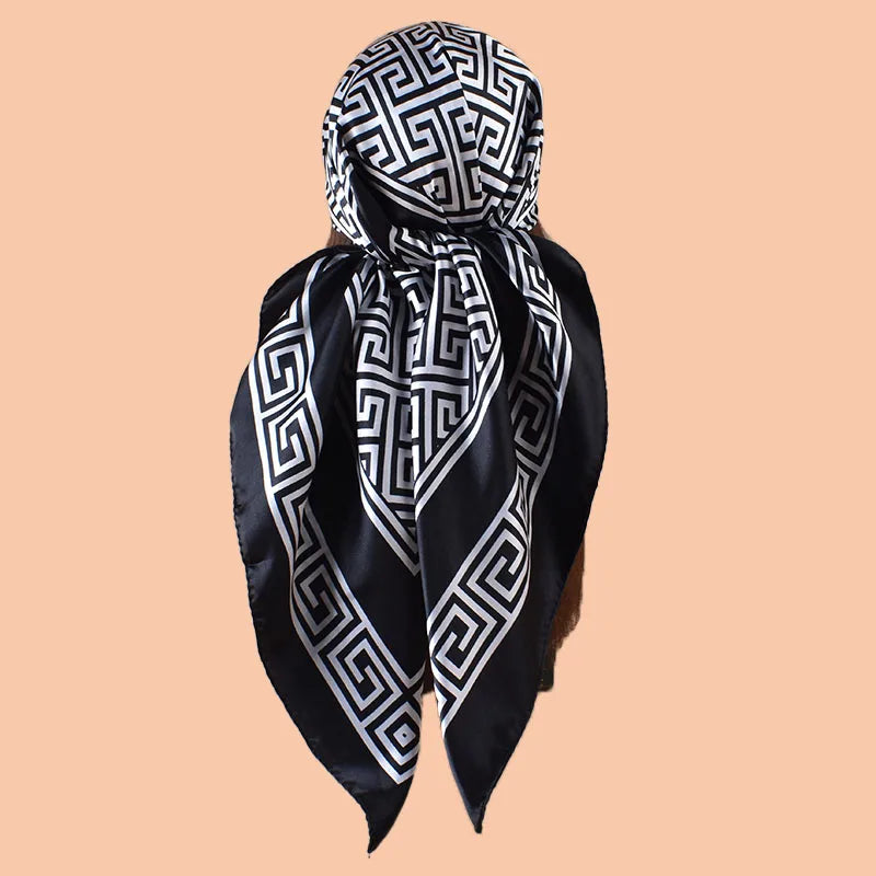 Black Geometric Letter Print Silk Satin Square Scarf