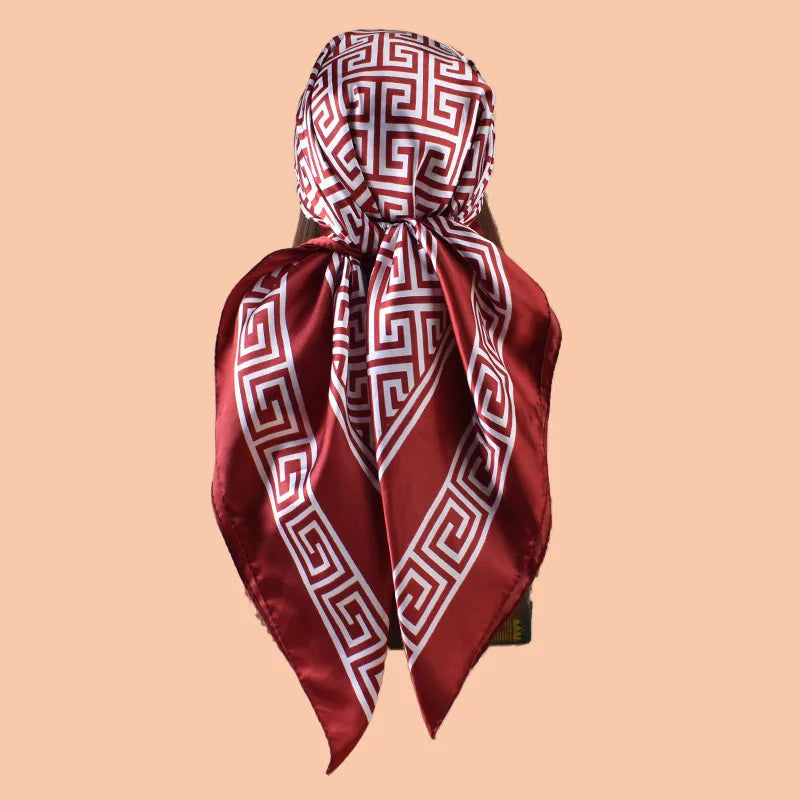 Red Geometric Letter Print Silk Satin Square Scarf