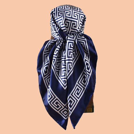 Blue Geometric Letter Print Silk Satin Square Scarf
