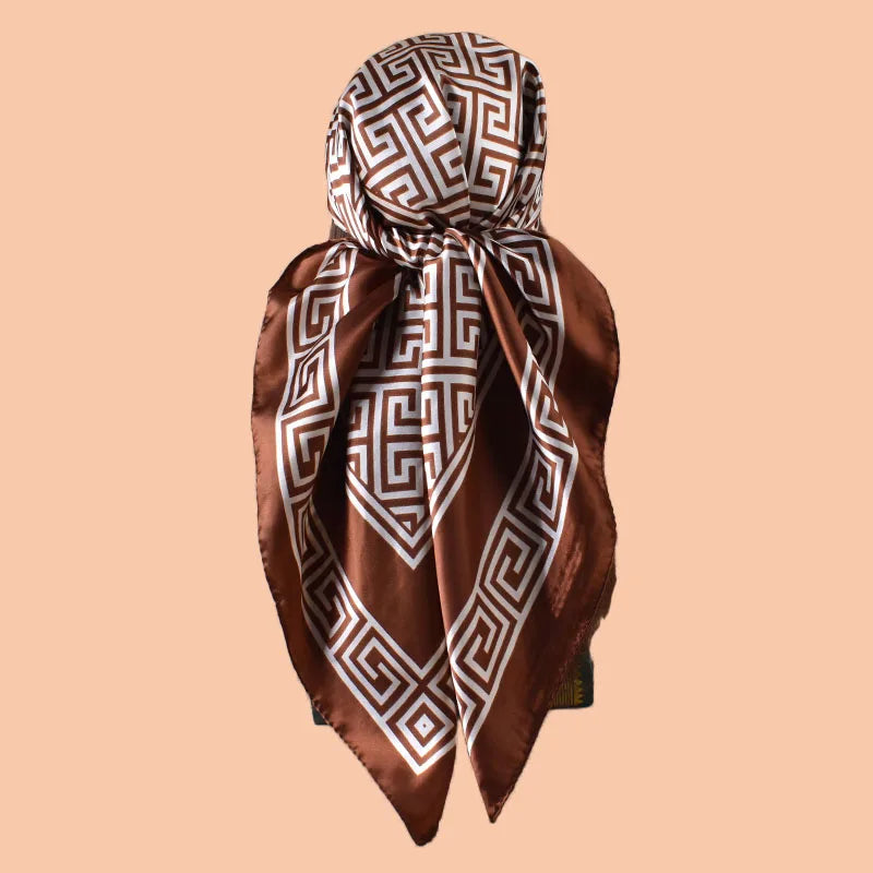 Brown Geometric Letter Print Silk Satin Square Scarf