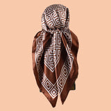 Brown Geometric Letter Print Silk Satin Square Scarf