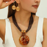 Brown Geometric Round Resin Gems Aluminum Wire Woven Jewelry