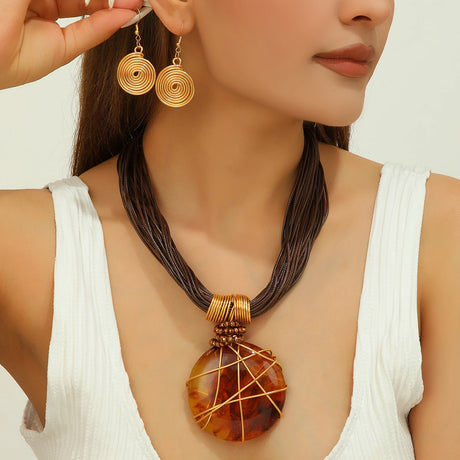 Brown Geometric Round Resin Gems Aluminum Wire Woven Jewelry