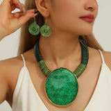Green Geometric Round Resin Large Gems Aluminum Necklace Jewelry Set
