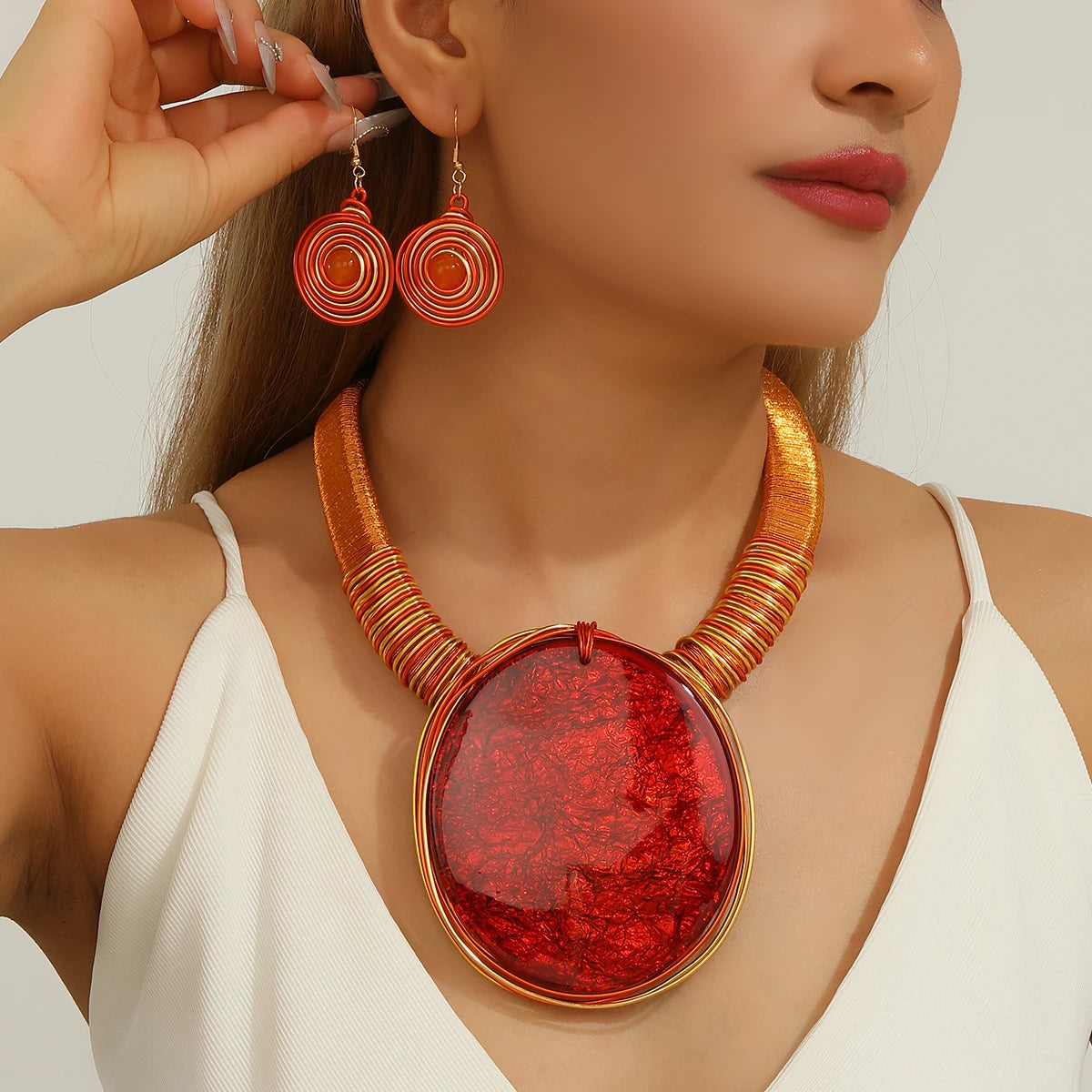 Red Geometric Round Resin Large Gems Aluminum Necklace Jewelry Set