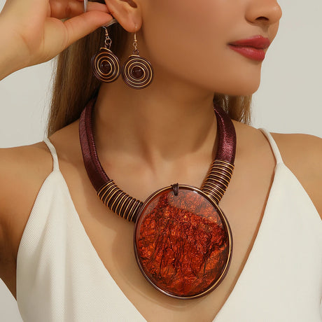 Red Geometric Round Resin Large Gems Aluminum Necklace Jewelry Set