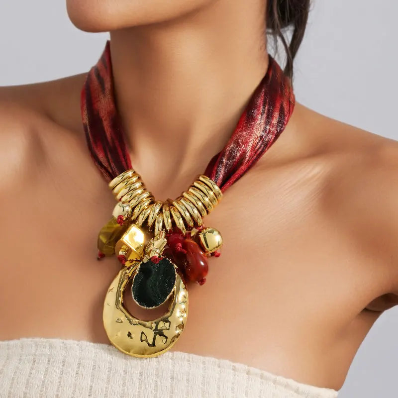 Model Using Geometric Statement Bohemian Style Ribbon Necklace