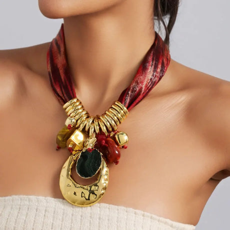 Model Using Geometric Statement Bohemian Style Ribbon Necklace